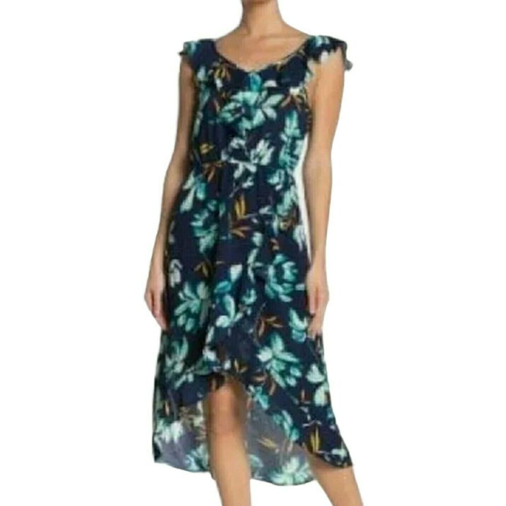 COMO VINTAGE floral ruffle flutter trim tropical midi high low dress blue S NEW - Picture 5 of 5
